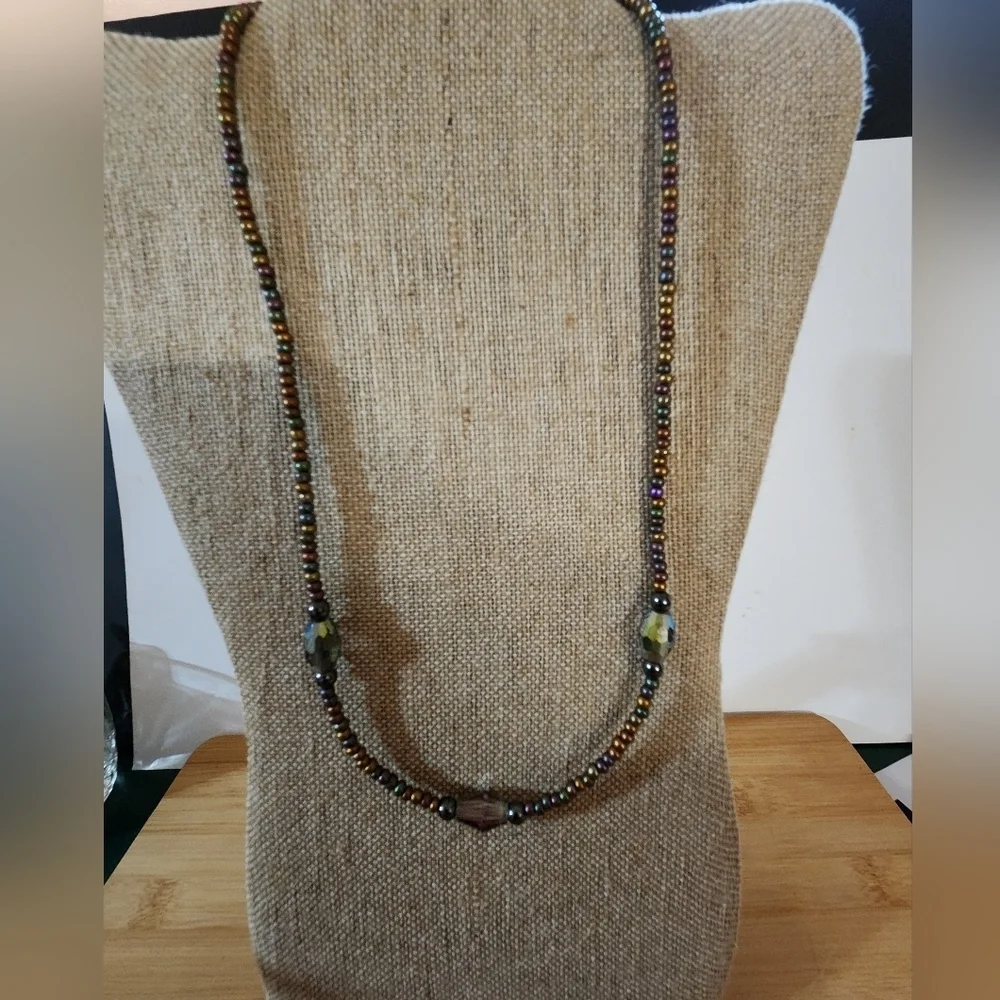 Hand Crafted Multicolor Beaded Necklace Purple Green